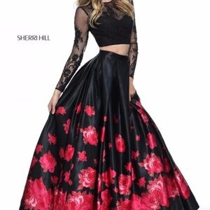 Sherri Hill Black & Red Floral Two-Piece Evening Dress